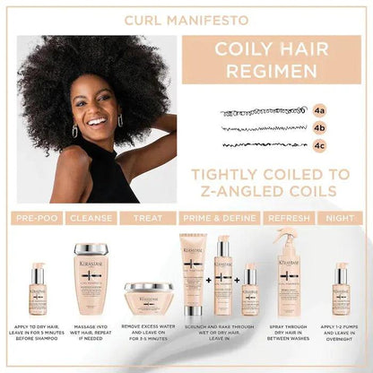 Coily hair regimen for Curl Manifesto featuring a model with natural curls, showcasing product applications and instructions.