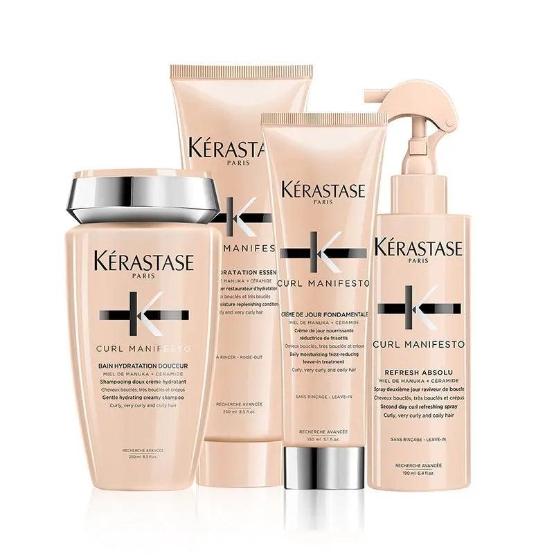 Kérastase Curl Manifesto hair care products for curly hair, including shampoo, conditioner, and leave-in treatment for hydration and definition.