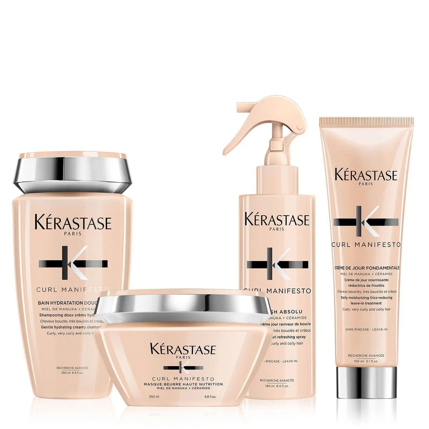Kérastase Curl Manifesto haircare products for curly hair, including shampoo, conditioner, mask, and leave-in treatment.
