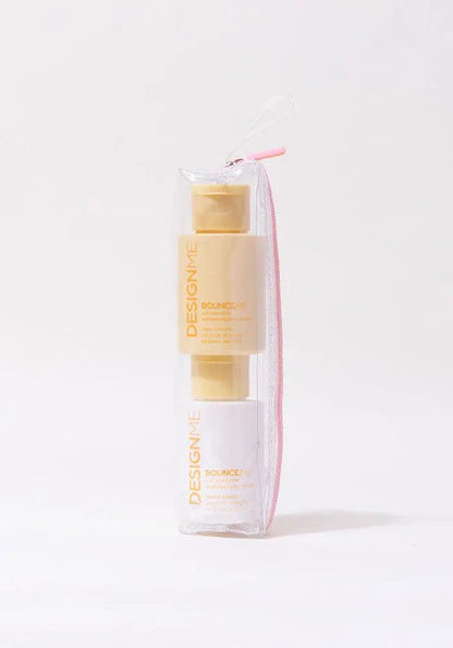 Travel-size BOUNCE.ME curl shampoo and conditioner set in clear packaging for gifting great hair days.