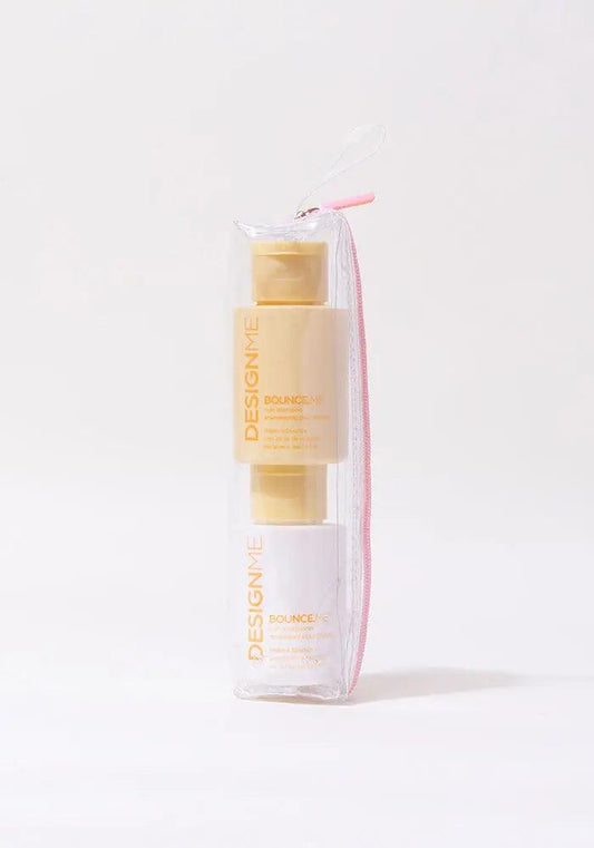 Travel-size BOUNCE.ME curl shampoo and conditioner set in clear packaging for gifting great hair days.