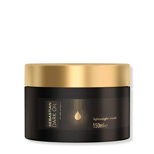 Sebastian Dark Oil Lightweight Mask in a black jar with gold lid, nourishing hair while adding body and fragrance.