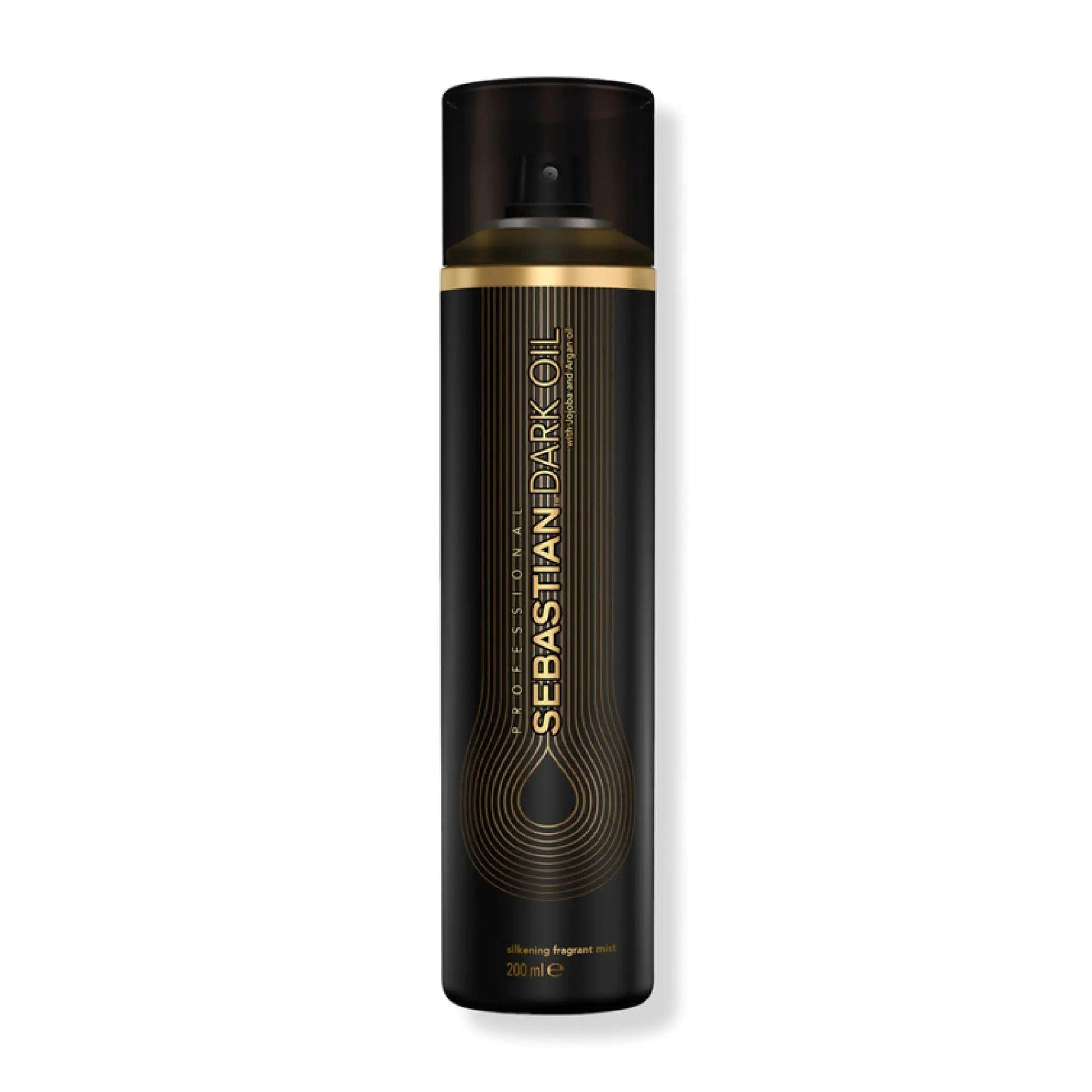 Sebastian Dark Oil Silkening Mist for shiny, smooth hair with a captivating fragrance in a sleek spray bottle.