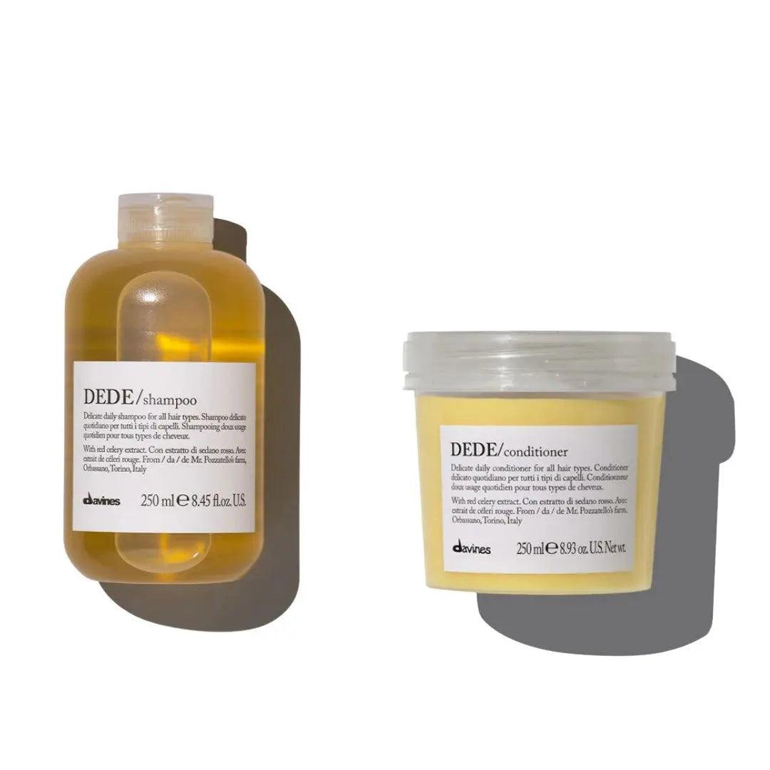 Davines Dede Shampoo and Conditioner Duo, 250ml bottles with labels showcasing gentle hair care benefits.