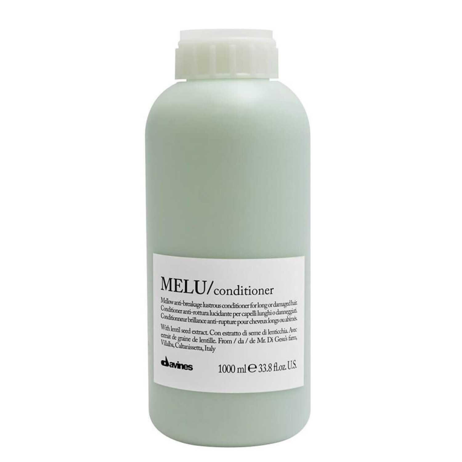 Davines Essential Haircare MELU Conditioner 1000ml, anti-breakage formula for long or damaged hair, promotes softness and shine.