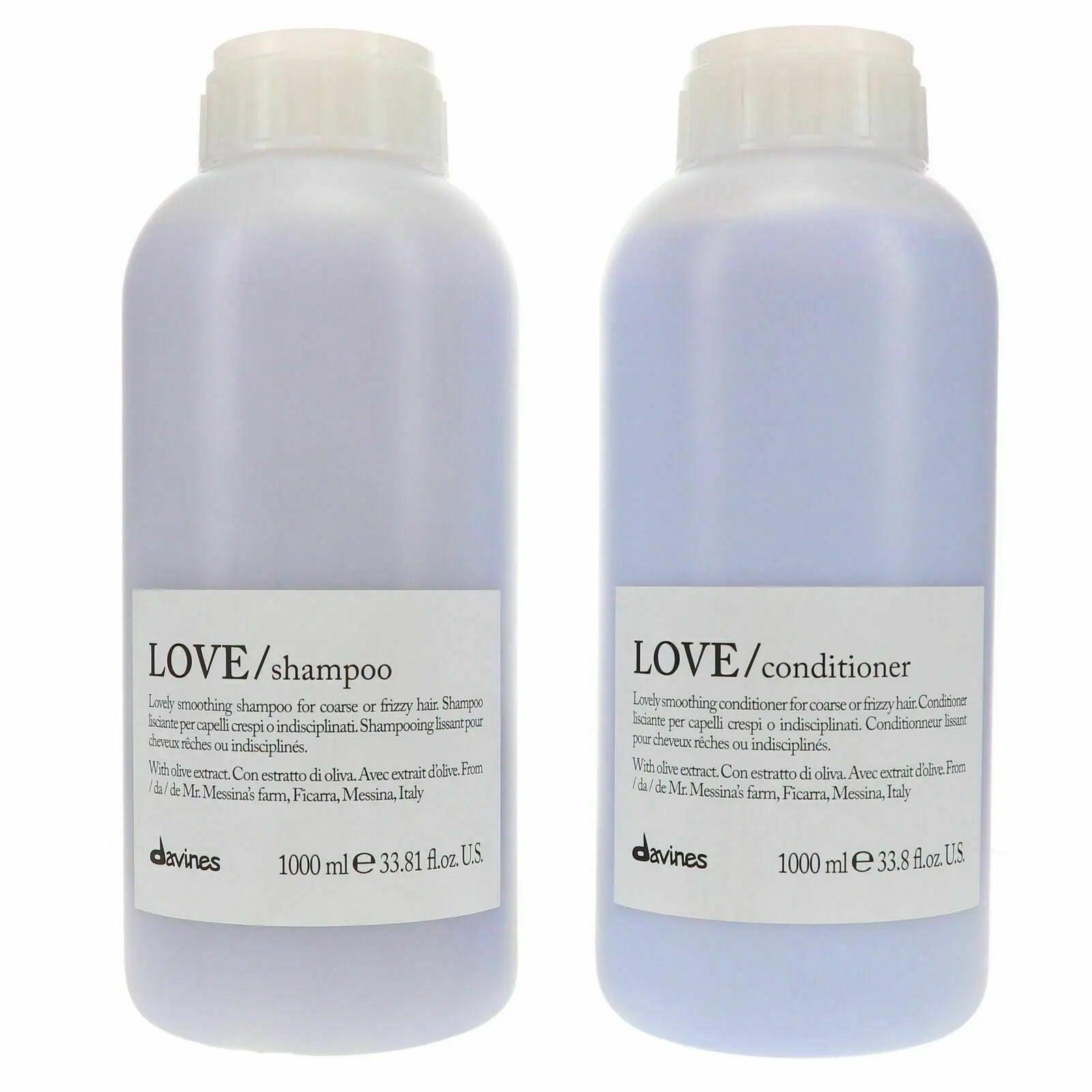 Davines Love Smoothing Pro Size Shampoo and Conditioner duo bottles for frizzy hair, 1L each, featuring creamy foam formula.