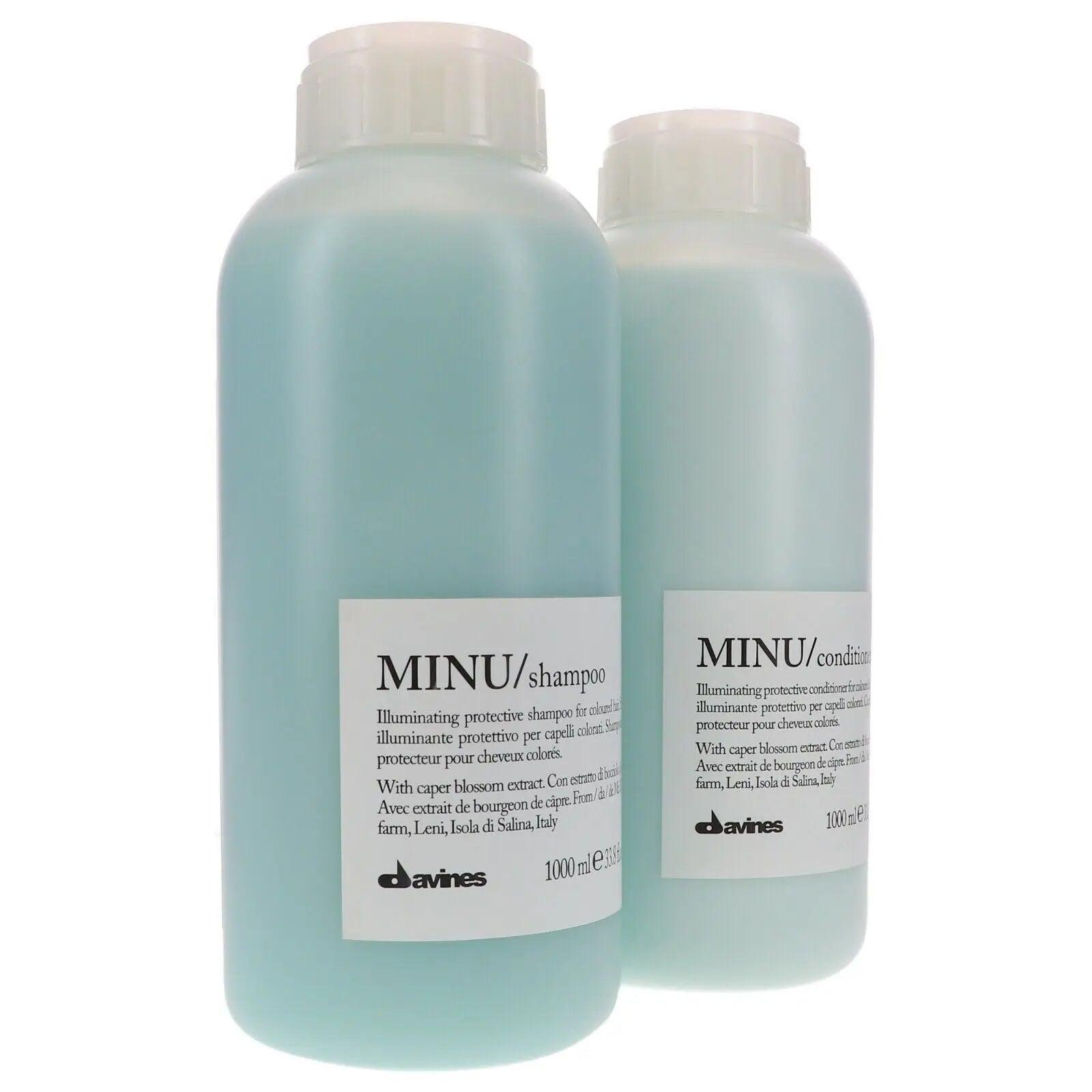 Davines Minu Pro Size Shampoo & Conditioner duo 1L bottles, designed for protecting and illuminating colored hair.