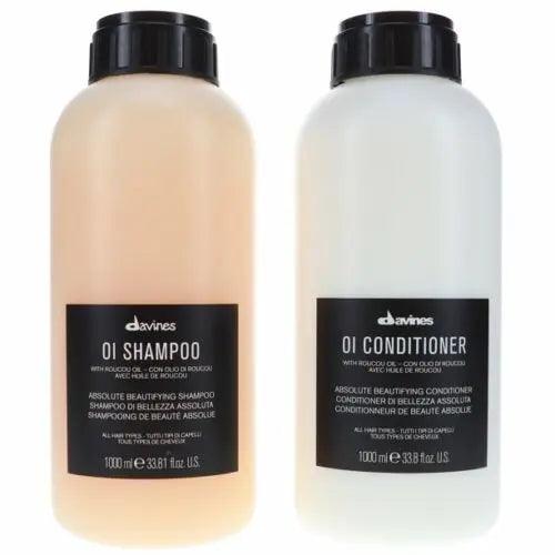 Davines Oi Shampoo and Conditioner duo bottles, 1L size, perfect for soft, shiny, and voluminous hair care.