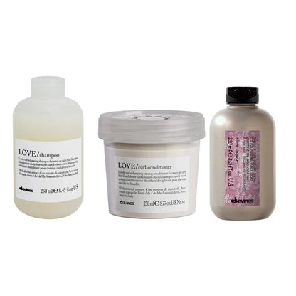 Davines Love Curl More Inside Gift Set featuring shampoo, conditioner, and curl serum for enhancing curly hair.