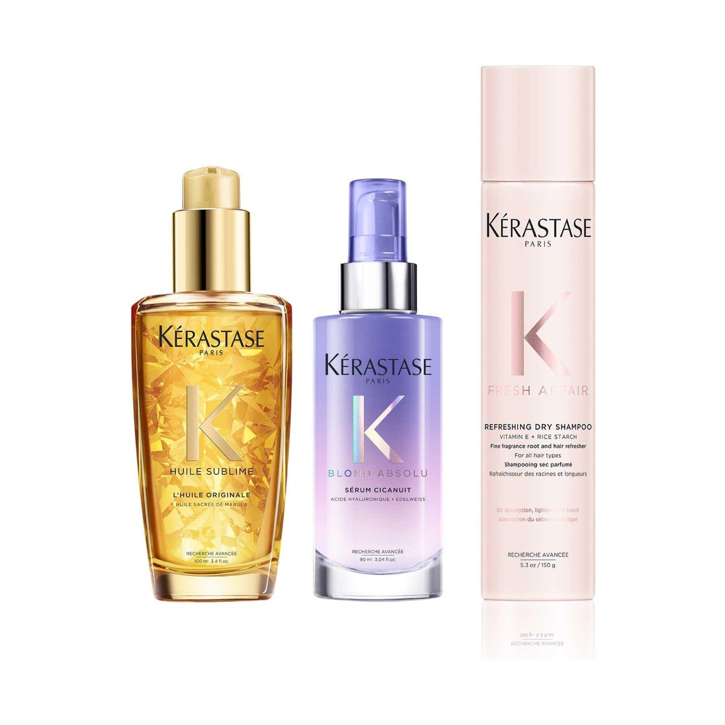 Kerastase hair care products including Huile Sublime, Blond Absolu Serum Cicanuit, and Refreshing Dry Shampoo on white background