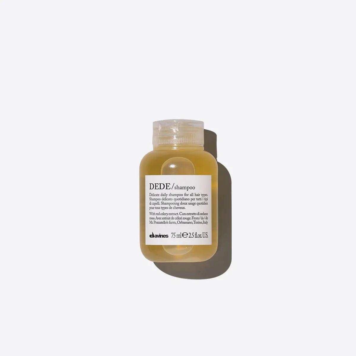Davines DEDE Shampoo bottle on white background - 75 ml gentle daily shampoo for all hair types, sulfate-free, for soft and shiny hair.