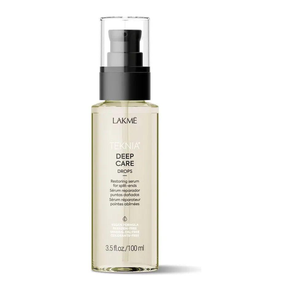 Deep Care Drops by Lakme in a sleek bottle, designed to repair damaged hair ends with a floral scent.