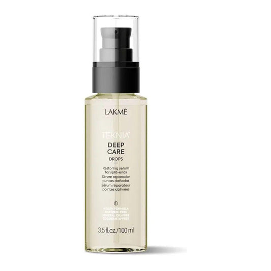 Deep Care Drops by Lakme in a sleek bottle, designed to repair damaged hair ends with a floral scent.