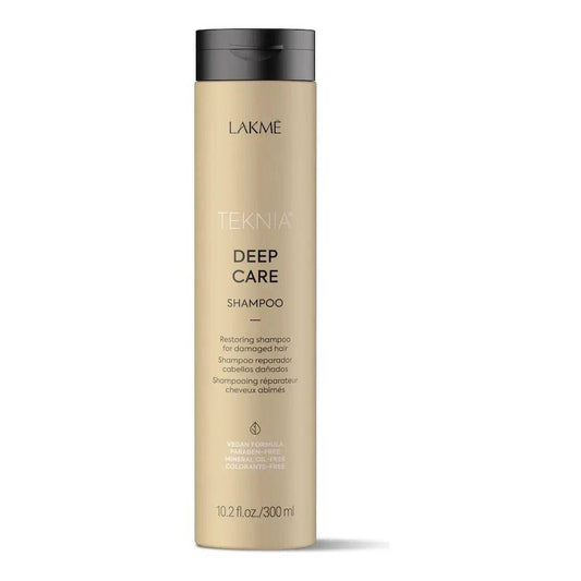 Lakme Teknia Deep Care Shampoo bottle, restores damaged hair, nourishes, with floral fragrance and Fiberhance.