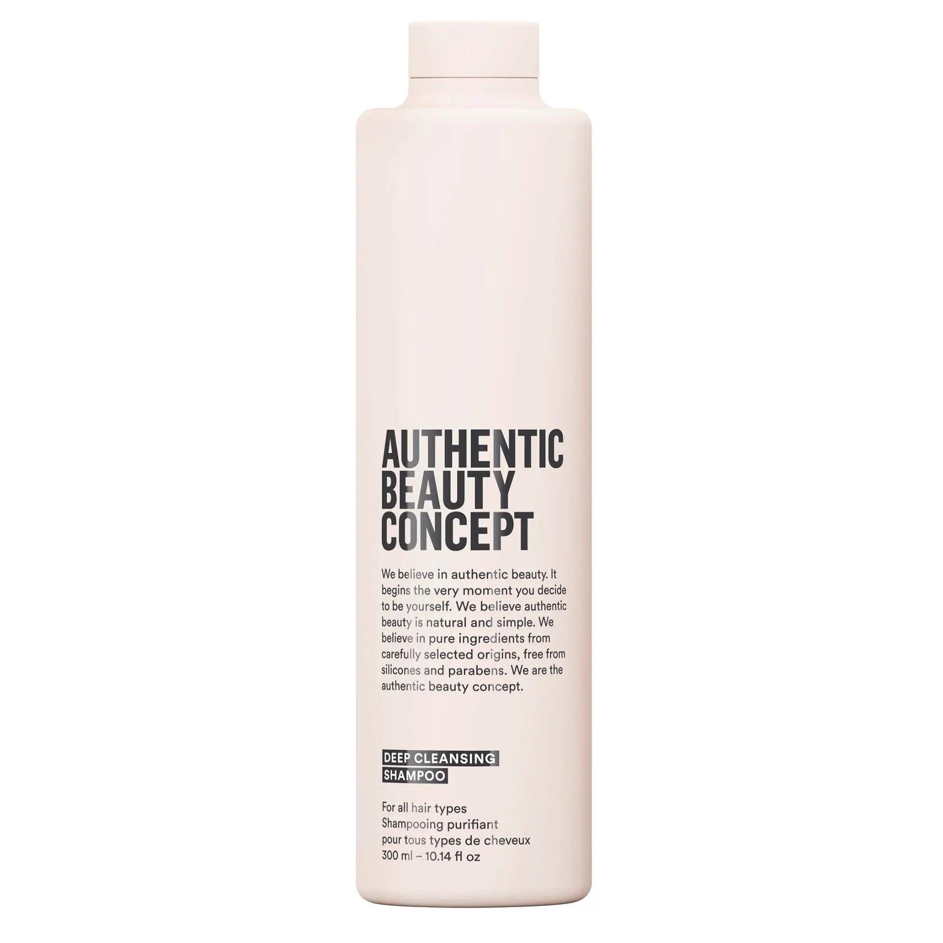 Authentic Beauty Concept Deep Cleansing Shampoo bottle, purifying cleanser for all hair types, vegan, cruelty-free, and gluten-free.