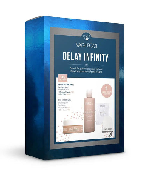 Delay Infinity Christmas Gift Set featuring cleansing milk, day cream, face mask, and mini glove for youthful skin.