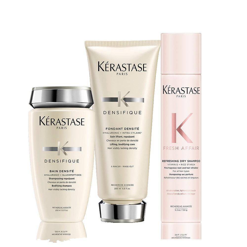 Kérastase Densifique Bain Densité Shampoo, Fondant Densité Conditioner, and Fresh Affair Dry Shampoo for hair volume and freshness.