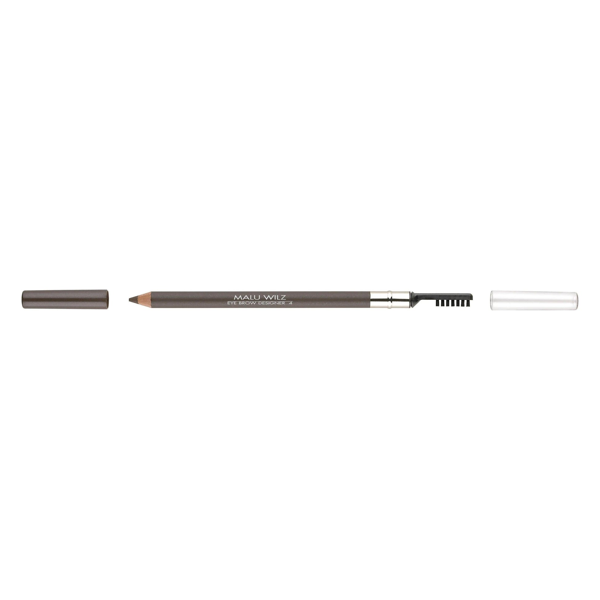 Malu Wilz Designer Eyebrow Pencil with cap and spoolie brush, ideal for defining and grooming eyebrows.