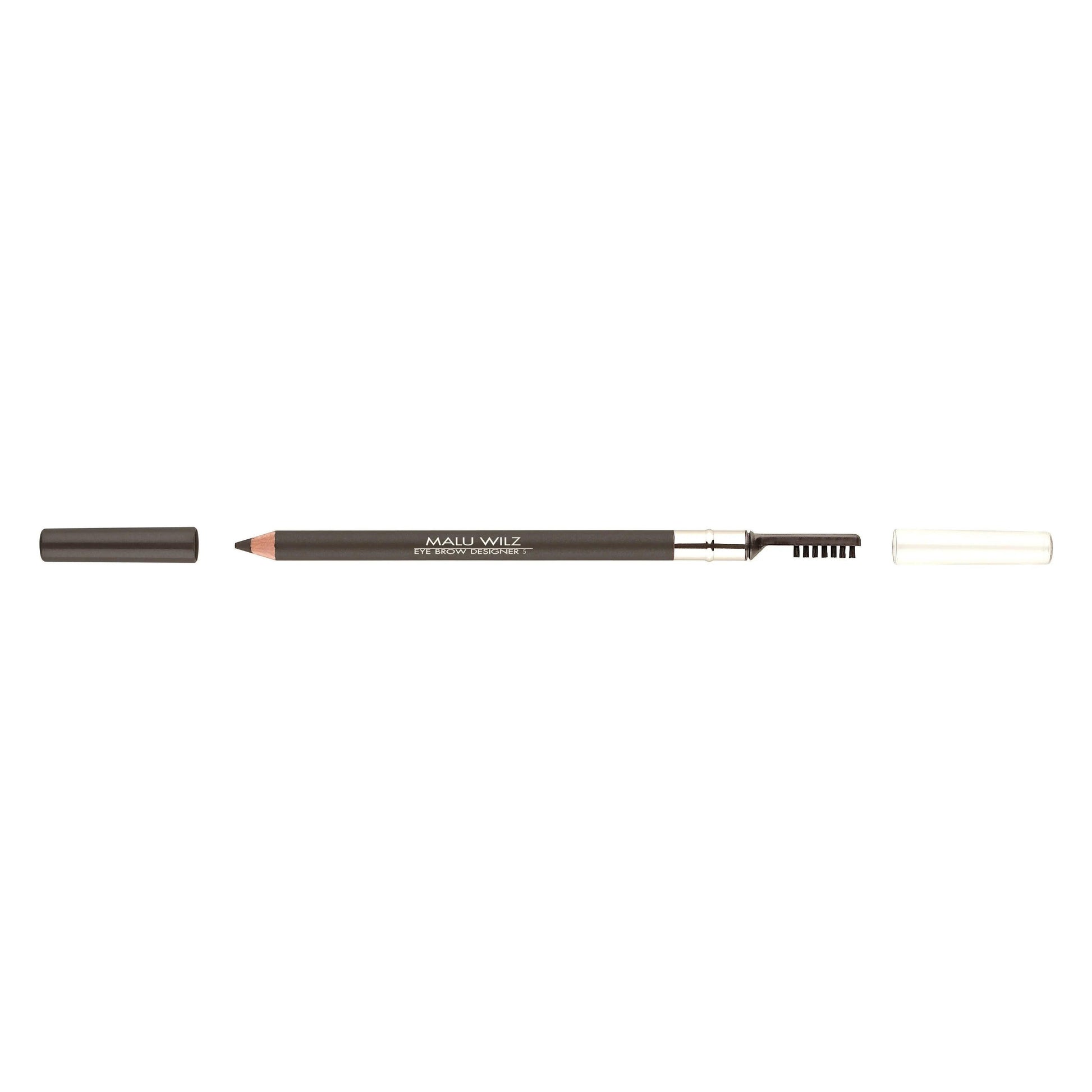 Malu Wilz Designer Eyebrow Pencil with cap off and spoolie brush for precise eyebrow shaping and natural matte finish.