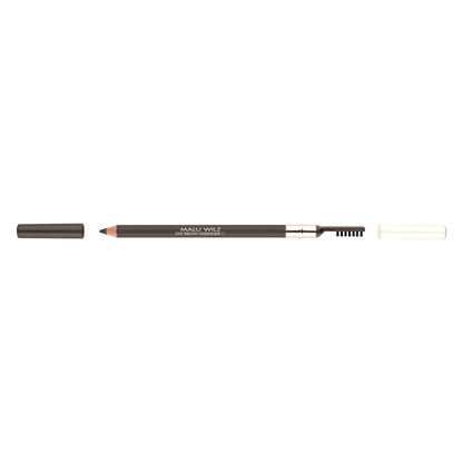 Malu Wilz Designer Eyebrow Pencil with cap off and spoolie brush for precise eyebrow shaping and natural matte finish.