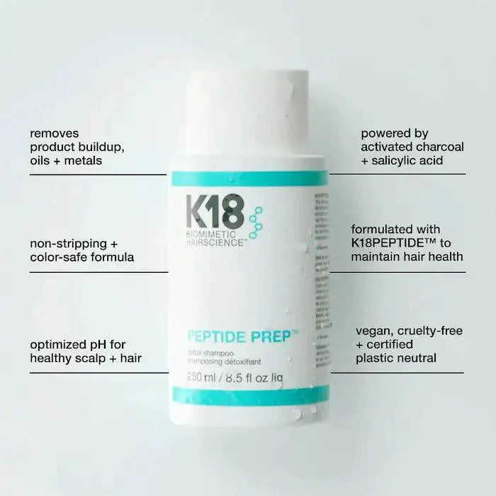 K18PEPTIDE™ Detox Shampoo bottle highlighting detoxifying benefits and color-safe formula for healthy hair and scalp.