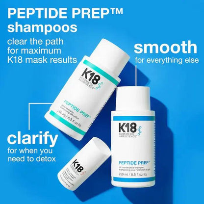 PEPTIDE PREP™ shampoos by K18, featuring detox and smoothing formulas for healthier hair care.