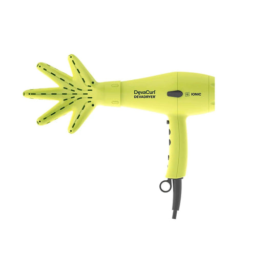 DevaCurl Devadryer in bright yellow, featuring a unique design for enhanced curl drying and styling.
