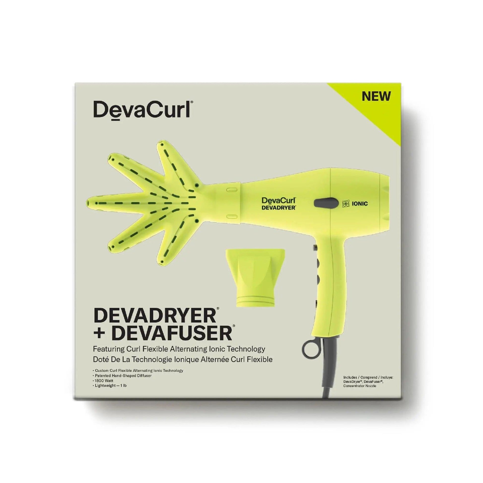 DevaCurl Devadryer and Devafuser packaging showcasing the innovative ionic dryer and unique curl diffusing technology.