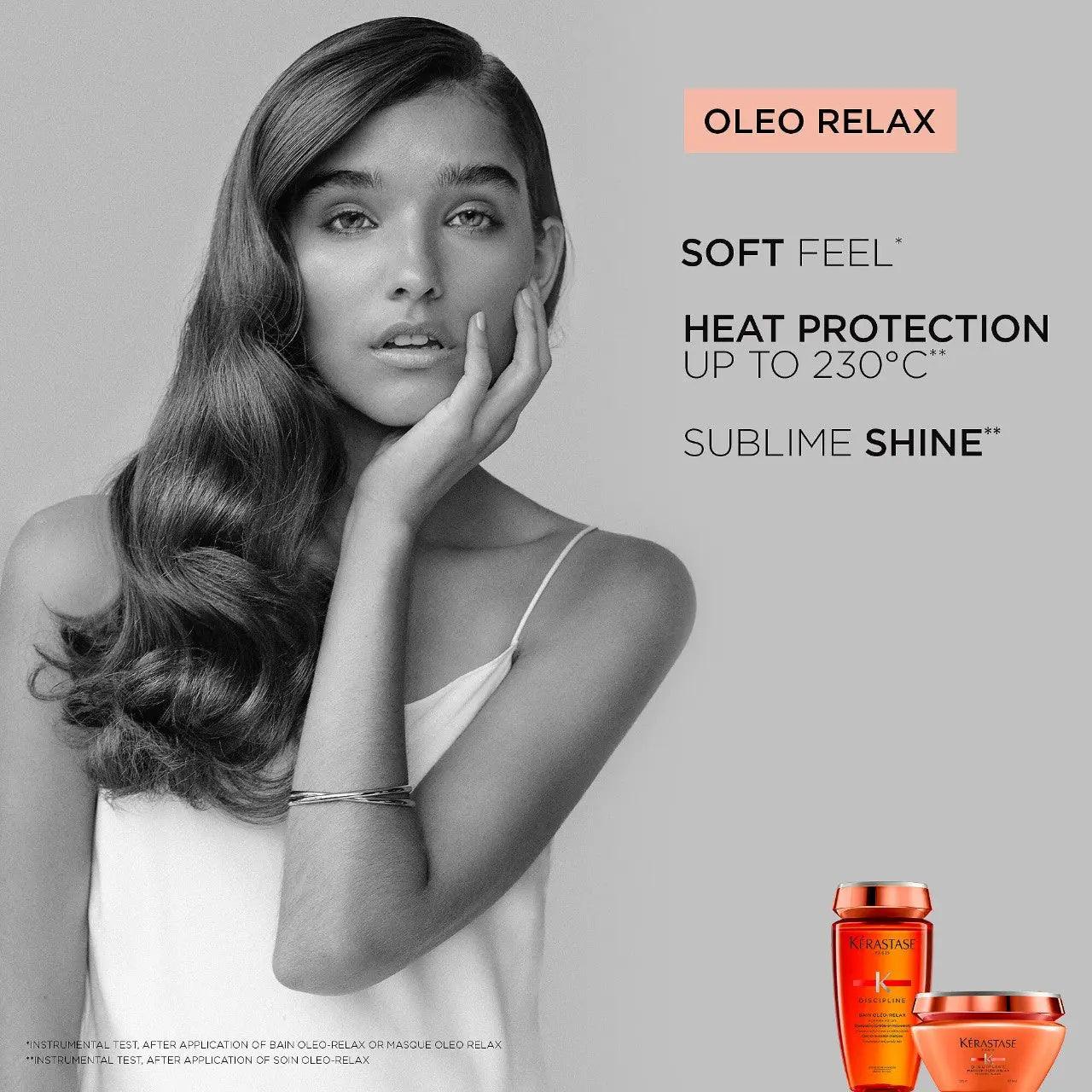 Model showcasing Kerastase Discipline Masque Oléo-Relax, highlighting soft feel, heat protection, and sublime shine.