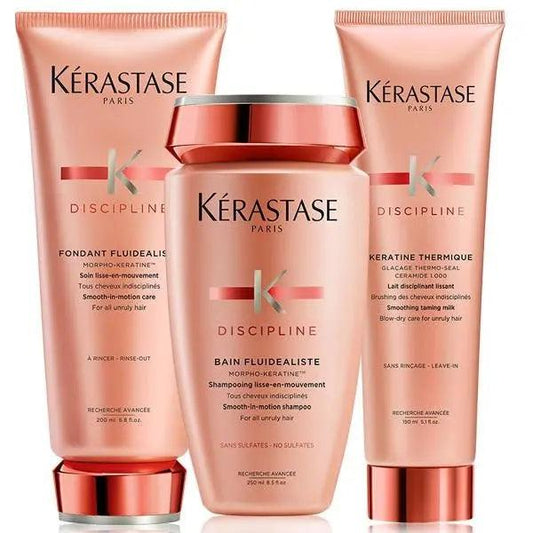 Kérastase Discipline hair care products: Fondant Fluidealiste, Bain Fluidealiste, and Keratine Thermique for smooth, frizz-free hair.
