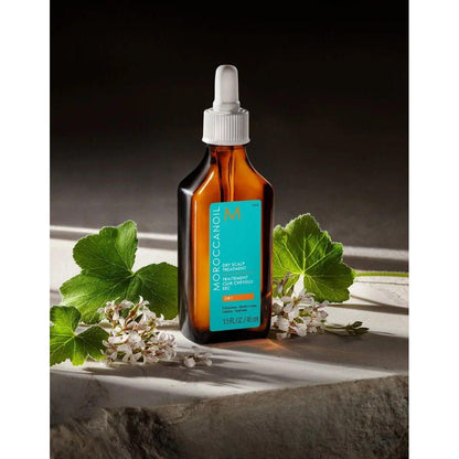 Moroccanoil Dry-Scalp Treatment bottle with natural ingredients, designed to restore and moisturize dry scalps.