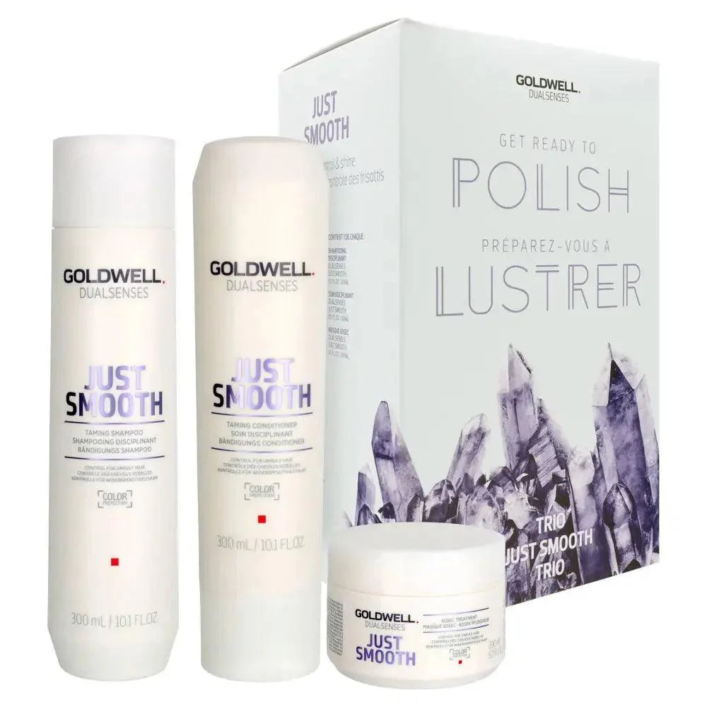 Goldwell Dualsenses Just Smooth Trio set with shampoo, conditioner, and treatment for frizz-free, manageable hair.