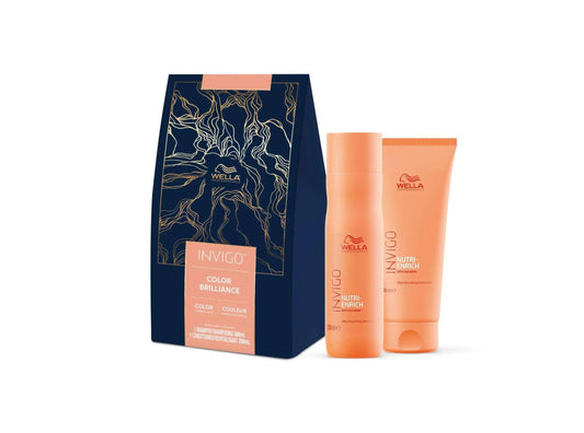 Wella Invigo Nutri-Enrich shampoo and conditioner set in stylish packaging for nourishing dry hair with vitality.