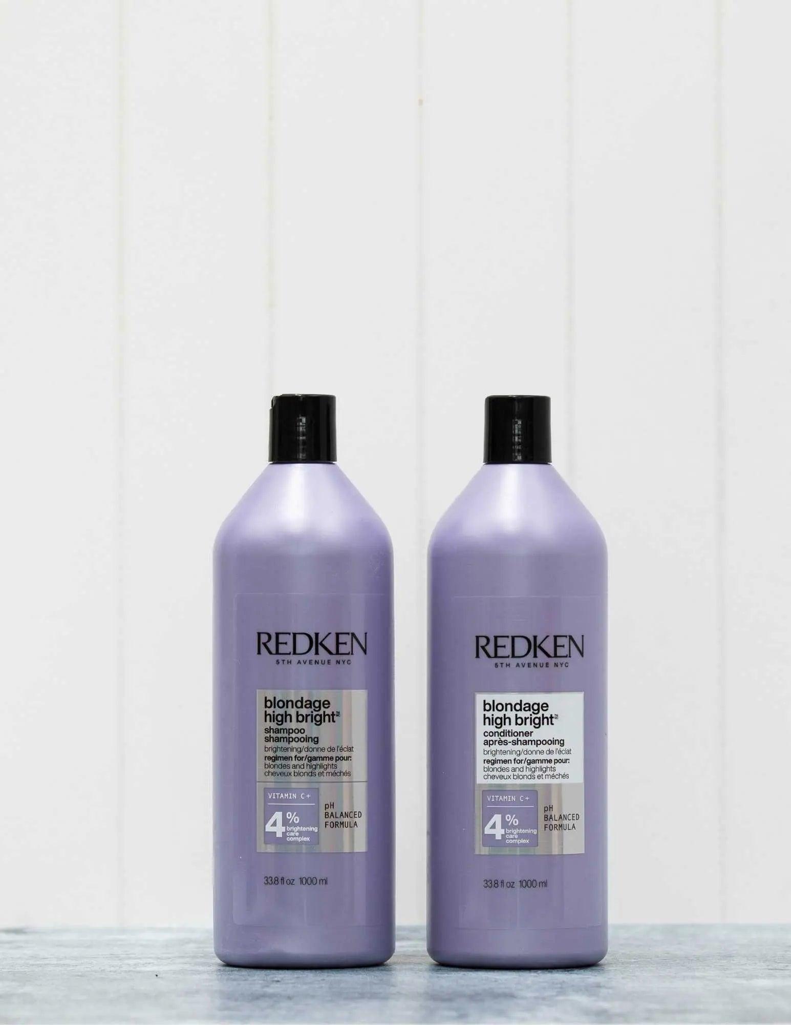Redken Duo Liters Blondage High Bright Shampoo and Conditioner for vibrant, color-treated blonde hair.