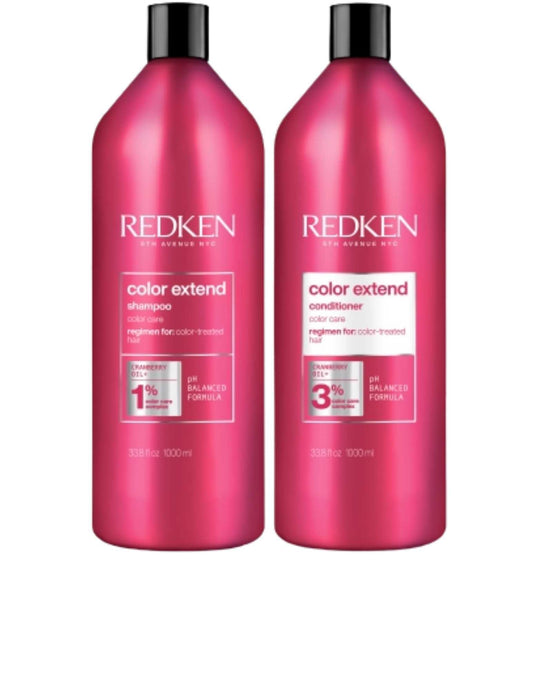 Redken Duo Liters Color Extend Shampoo and Conditioner set for color-treated hair, 338ml each, professional hair care.