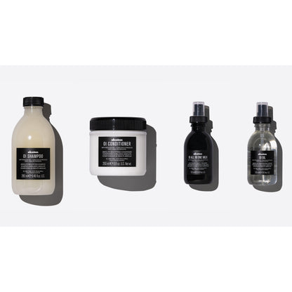 Davines Oil Shampoo, Conditioner, Milk, and Oil for nourishing and styling hair for effortless waves.