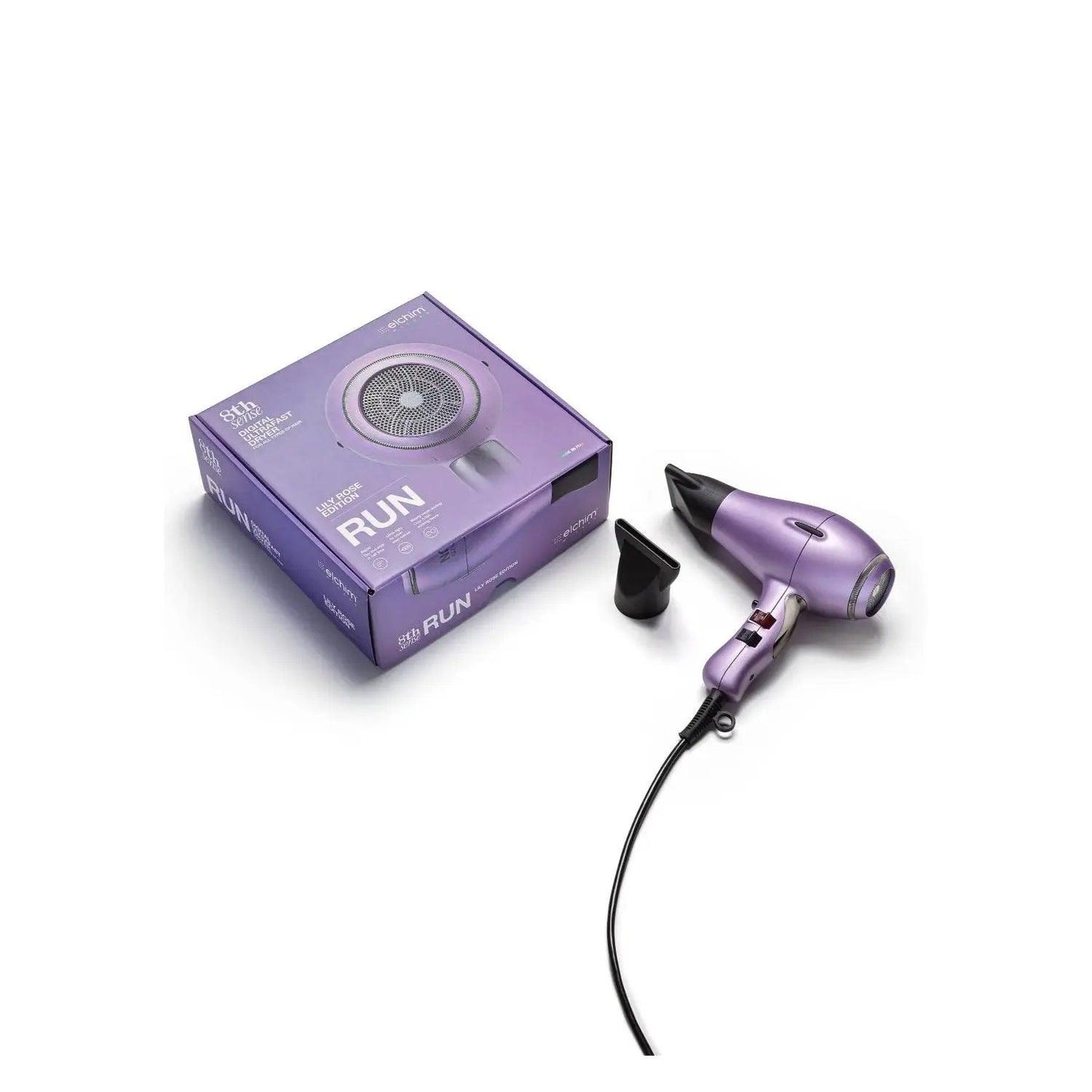 Elchim 8th Sense RUN Hair Dryer in Lily Rose Edition with packaging and nozzle, showcasing lightweight design and advanced technology.