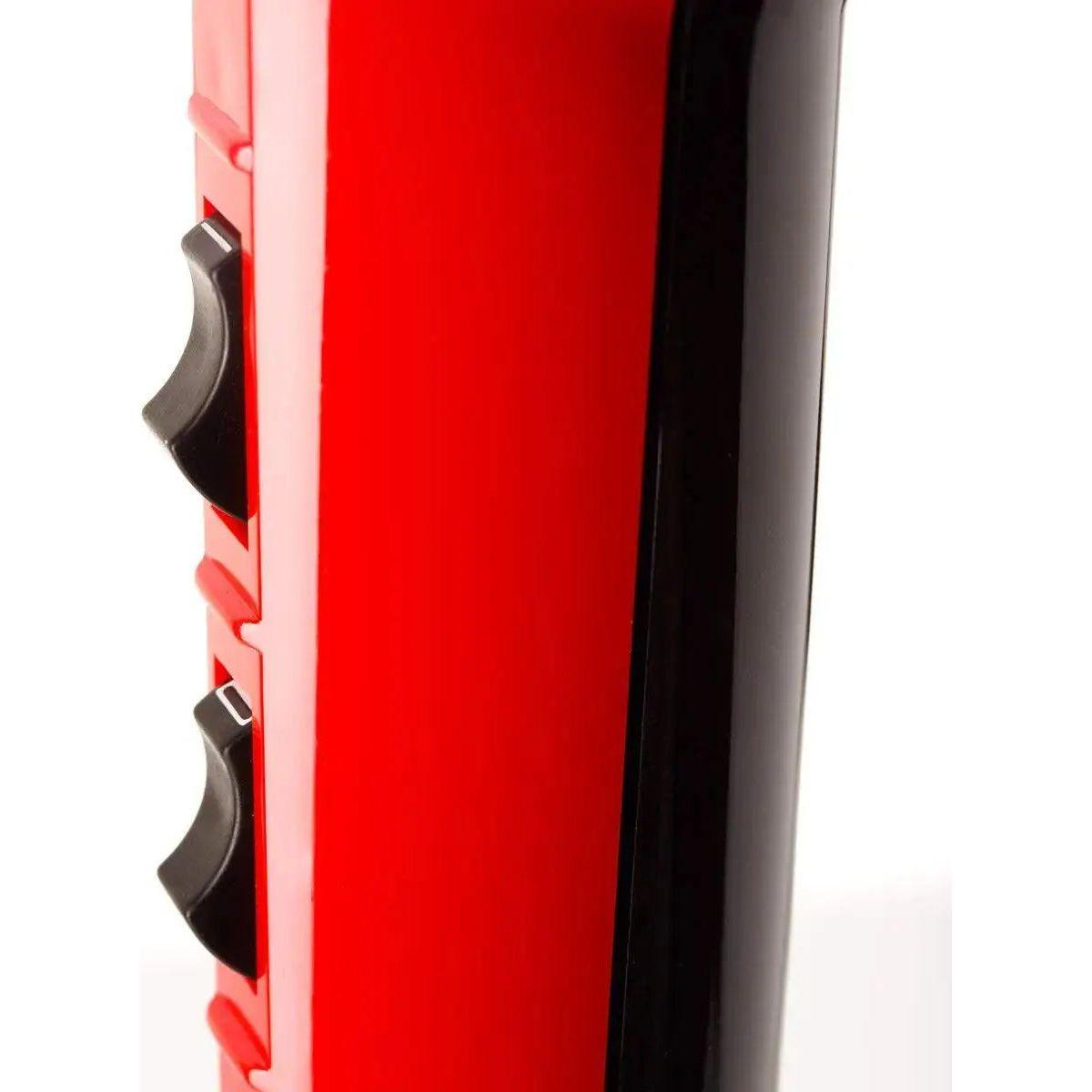 Close-up of the Elchim Classic 2001 Hair Dryer’s controls, showcasing its sleek red and black design.