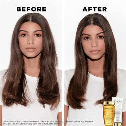 Before and after comparison using Kerastase hair products for sleek, shiny hair transformation.