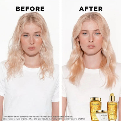 Before and after hair treatment results showing improved shine and smoothness using Kerastase products.