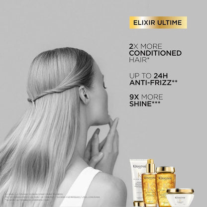 Woman with shiny, conditioned hair using Kerastase Elixir Ultime hair products for 24h anti-frizz and 9x more shine.