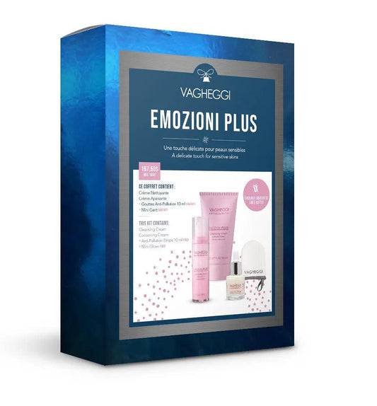 Emozioni Plus Christmas Gift Set by Vagheggi featuring cleansing cream, cocooning cream, anti-pollution drops, and mini glove.