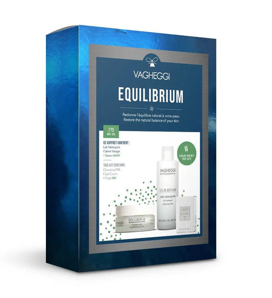 Equilibrium Christmas Gift Set featuring cleansing milk, face cream, and soap for balanced skin health.