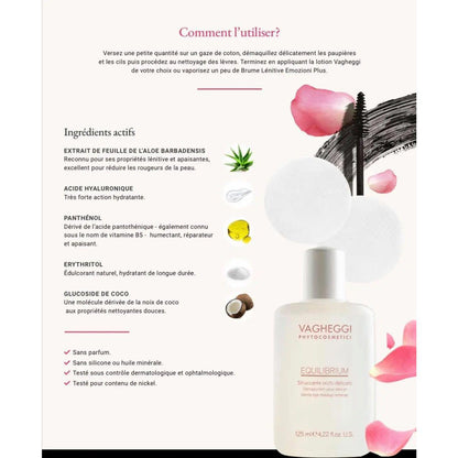 Equilibrium Gentle Eye and Makeup Remover packaging with ingredient list and usage instructions for sensitive skin care.