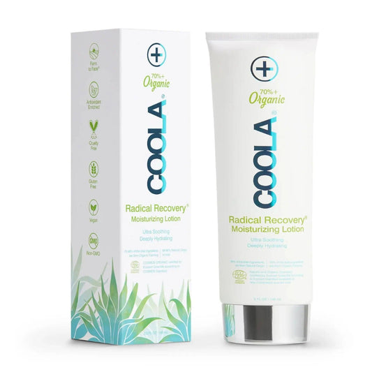 COOLAradical recovery after-sun lotion with eco-friendly packaging, rich in antioxidants and 70% organic ingredients.