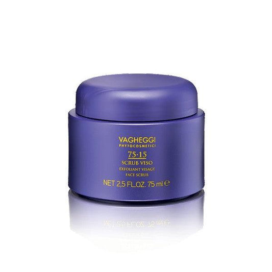75-15 Face Scrub by Vagheggi in a purple jar, featuring natural ingredients for gentle exfoliation and radiant skin.