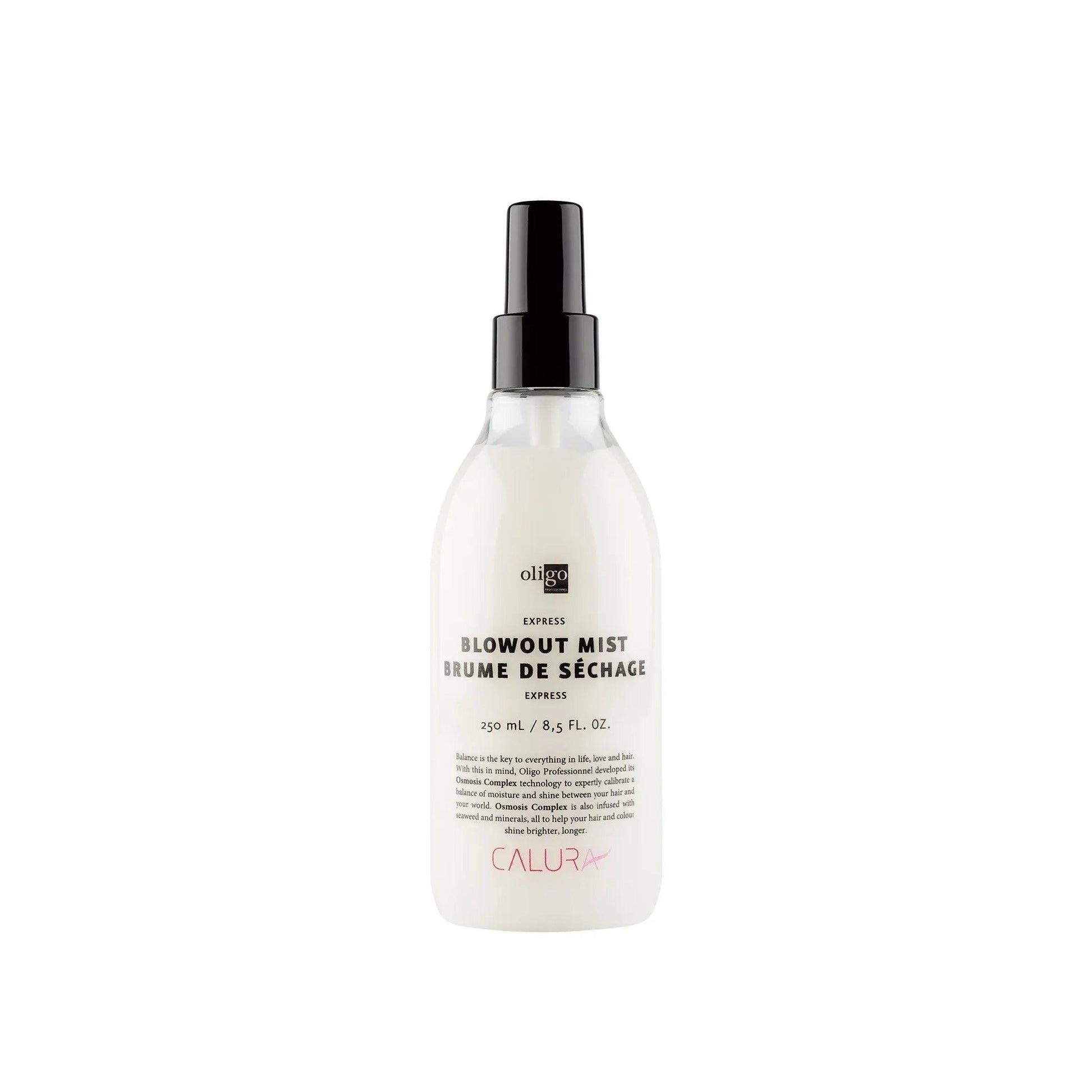 Express Blowout Mist spray bottle for quick drying and heat protection, vegan and sulfate-free hair care product.