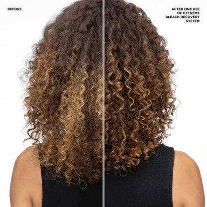 Before and after photo showing the transformation of curly hair using Redken Extreme Bleach Recovery Cica Cream.