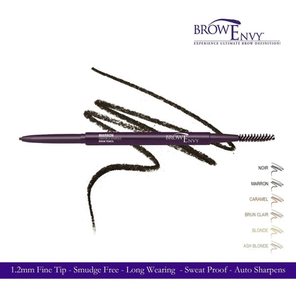 Eyenvy® Browenvy™ Pencil with 1.2mm fine tip, smudge-proof, sweat-resistant, auto-sharpening, showcased with color options.