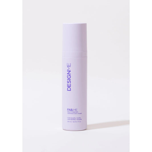 Design.ME Fab.Me multibenefit hair lotion bottle on white background, purple text, hair care product for hydration and volume